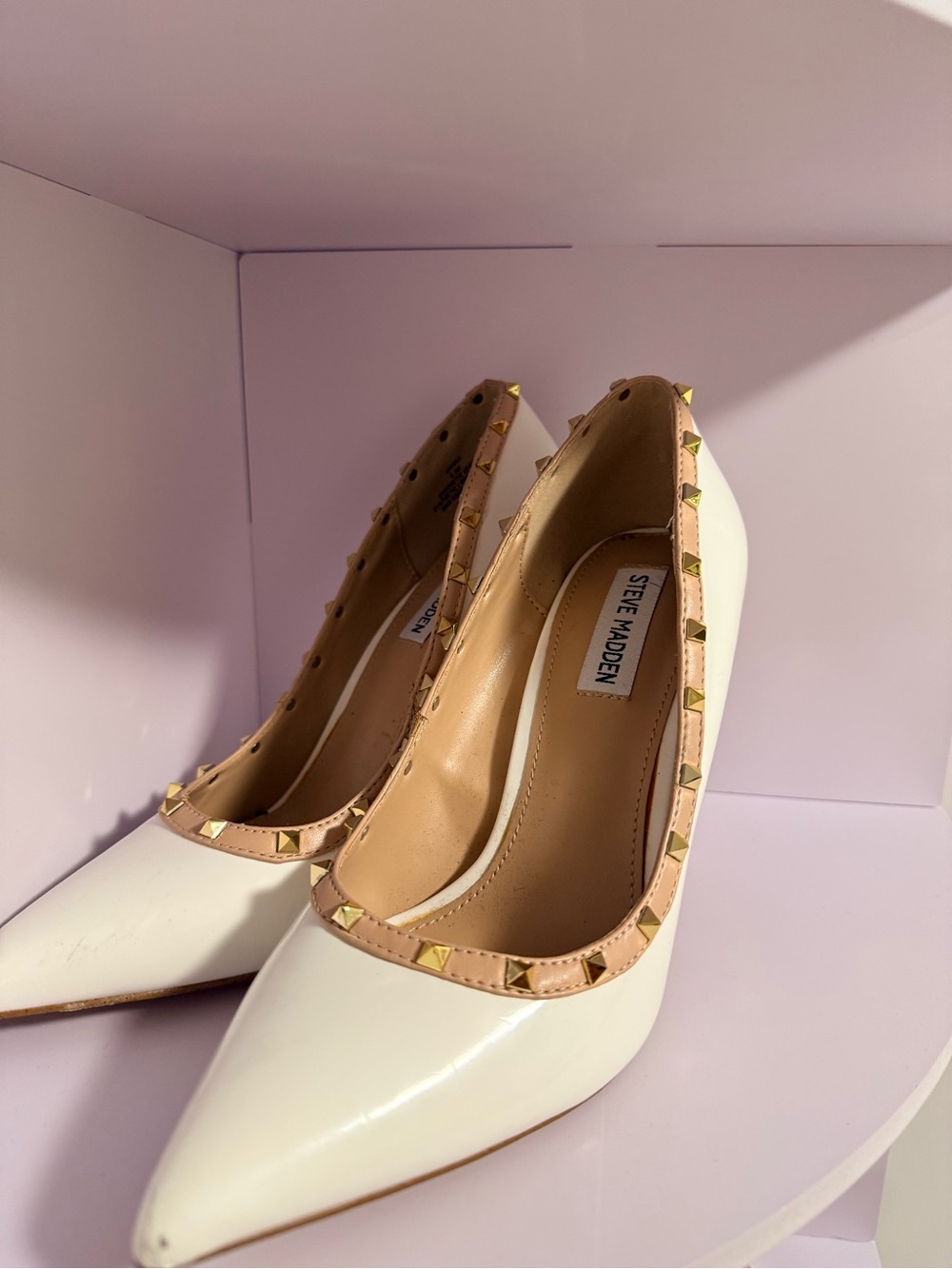 Steve Madden White Pointed Pumps with Nude Studded Trim